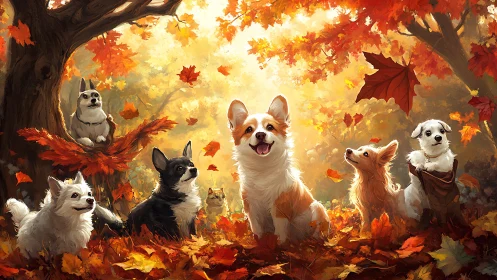 Playful dogs in painterly autumn forest with falling leaves.