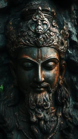 Bronze-toned carved stone deity head with intricate crown