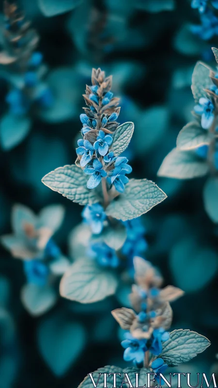Blue Flower Spike with Textured Leaves in Soft Focus.
