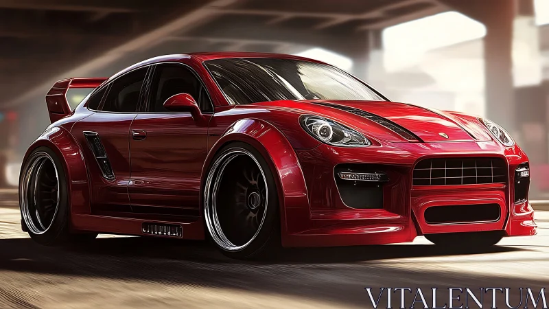 Widebody red sports coupe rendered with dynamic motion lighting