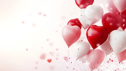 Red and White Heart Balloons Floating on Pale Background.