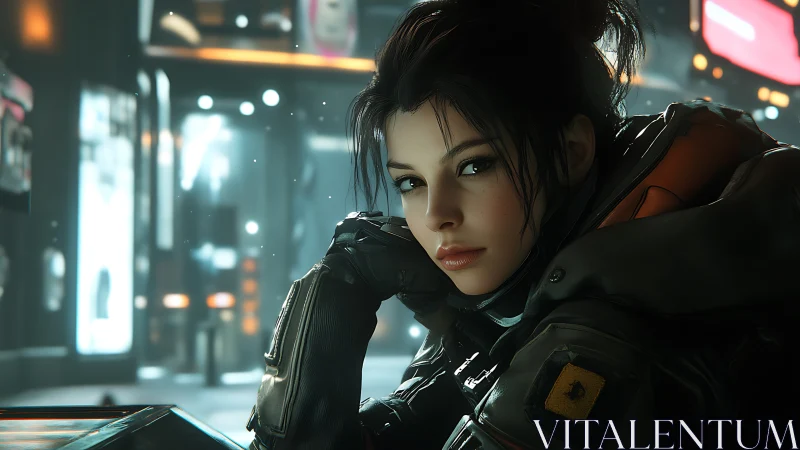 Neon-drenched scout resting in a sleepless cyber city night.