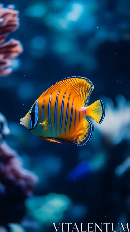 Vibrant striped reef fish in luminous blue marine bokeh.
