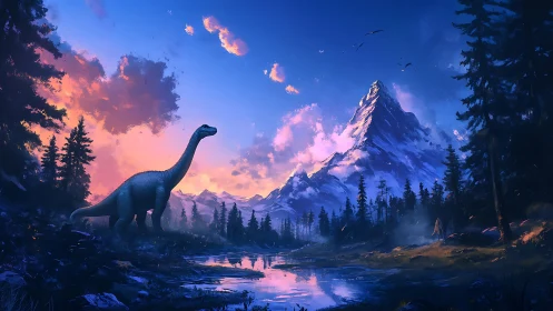 Sauropod dinosaur in vivid mountain valley at sunset.