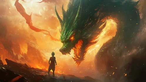 Warrior confronts massive green dragon in fiery sky scene.