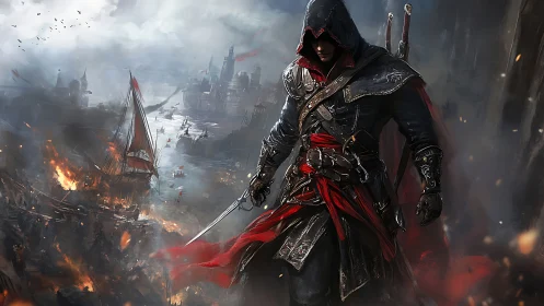 Hooded armored assassin stands over burning harbor siege.