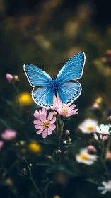 Blue butterfly on pink wildflower in soft blurred meadow