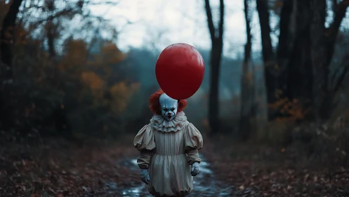 Red balloon clown haunting a misty forest path at dusk.