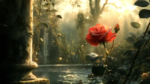 Morning light kisses a lone rose in a quiet stone garden.