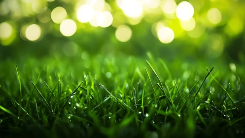 Close-up green grass blades under soft morning light.