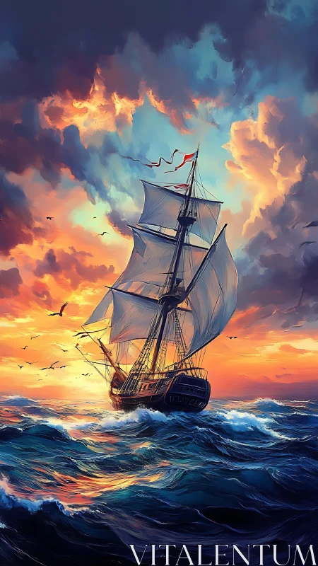 Tall ship under vivid stormy sunset sky at open sea.