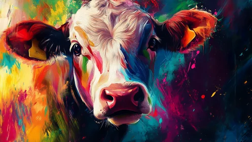 Color-splashed cow portrait dominates vivid abstract background