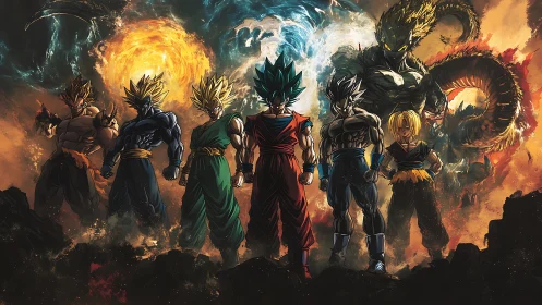 Group of armored fighters before elemental energy vortexes.