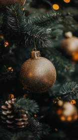 Gilded Christmas bauble glowing softly in evergreen hush.