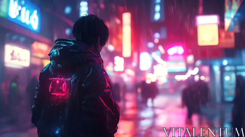 Person in neon city street stands in rain facing blurred lights