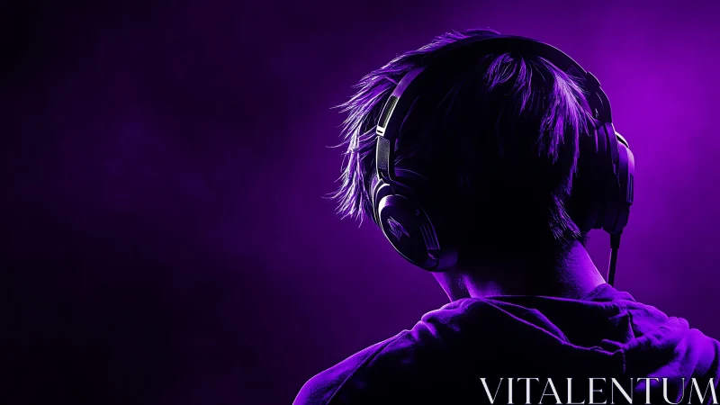 Gamer wearing over ear headphones in purple studio light.