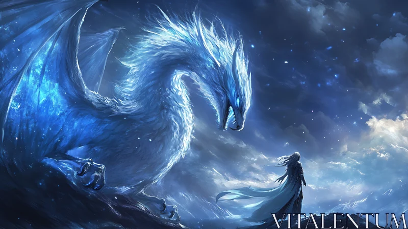 Spectral ice dragon confronting cloaked figure under starlit gale.