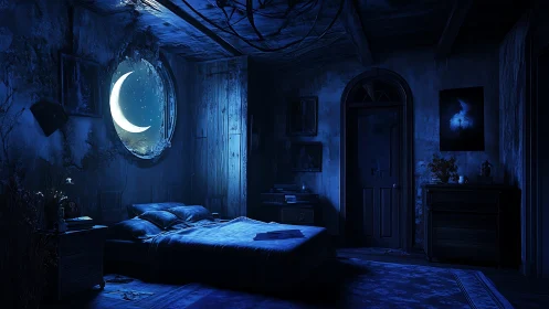 Moonlit bedroom interior with crescent view through window.