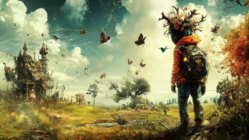 Child wanderer enters a luminous, butterfly-filled fantasy field