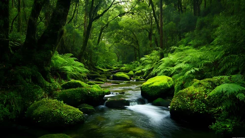 Moss-Covered Stream Flows Through Verdant Forest Sanctuary.