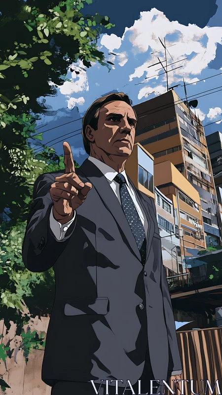 Corporate leader in urban streetscape under dynamic sky.