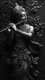 Monochrome relief sculpture depicts adorned flute player