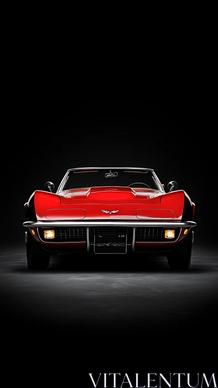 Front view shows red classic sports car under dark lighting
