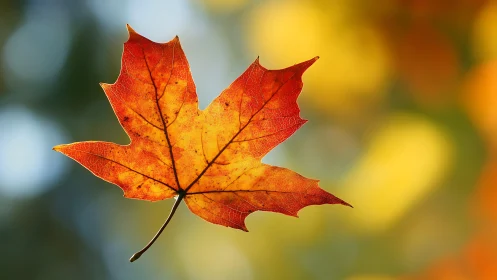 Single maple leaf glows in warm autumn backlight bokeh.