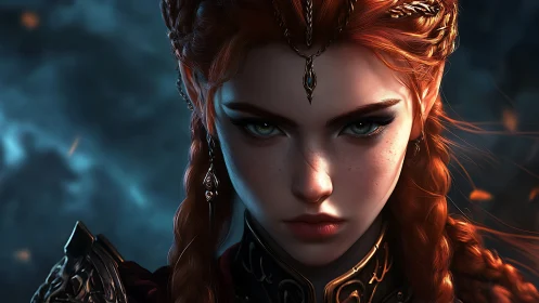 Fiery haired warrior queen rendered in high contrast digital painting