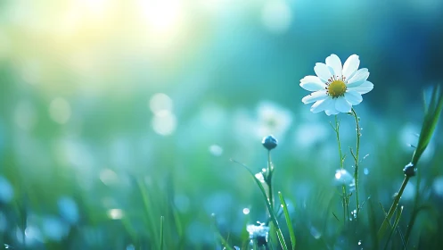 Solitary Daisy Dreams in Morning's Crystalline Haze.