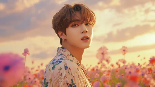 Luminous portrait in floral field under diffuse sunset sky.