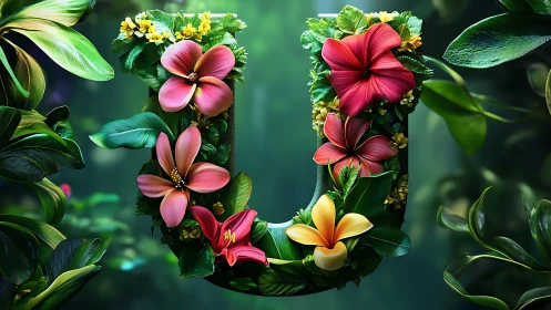 Floral sculpted letter U in lush tropical 3D composition.