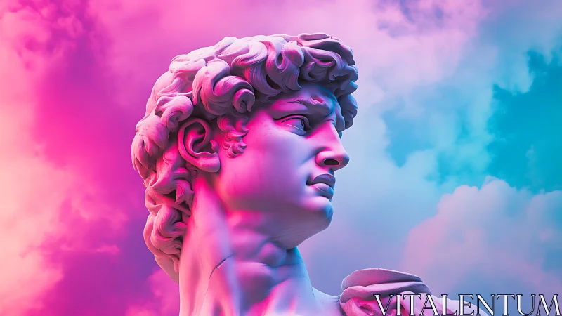 Classical marble head rendered under neon gradient sky