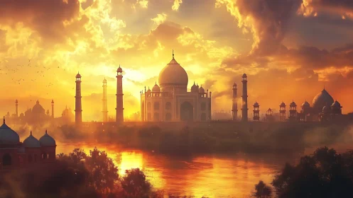 Golden sunset bathes riverside palace in radiant light.