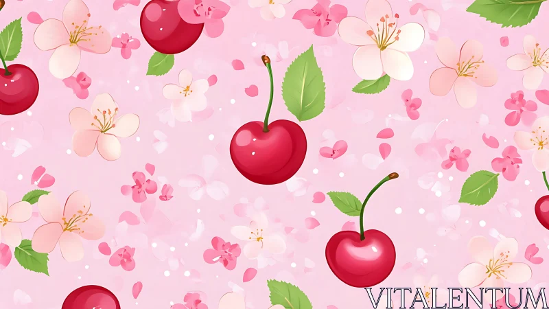 Cherry fruits and blossoms are arranged over a pink background