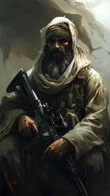 Weathered desert fighter seated with rifle in shadows.