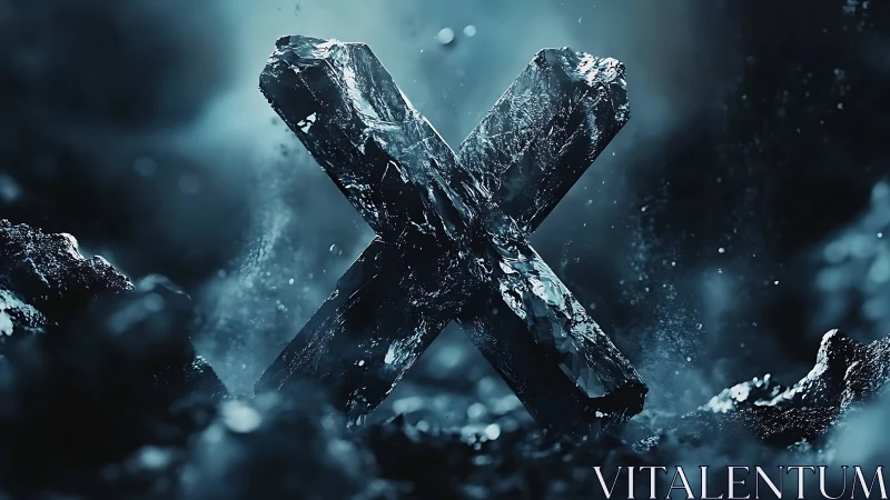 Rendered crystalline X structure stands in dark particulate space