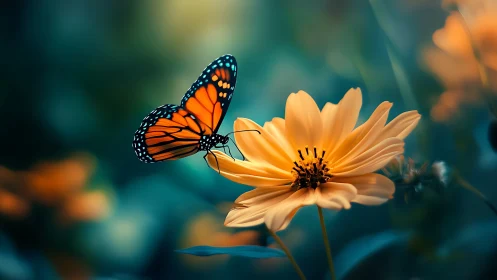 Macro depth-of-field study of monarch butterfly on yellow flower