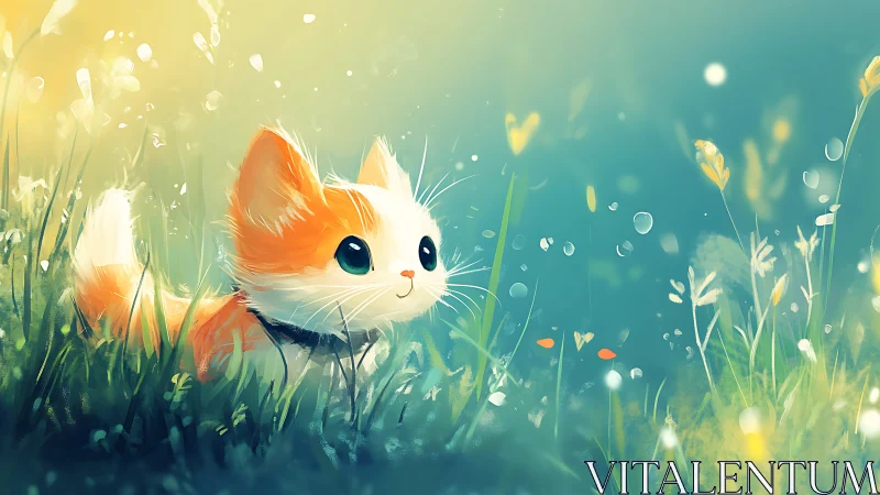 Backlit kitten in stylized meadow with volumetric light scattering