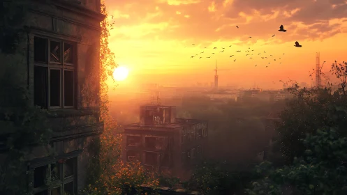 Sunset light washes over abandoned city rooftops in silence.