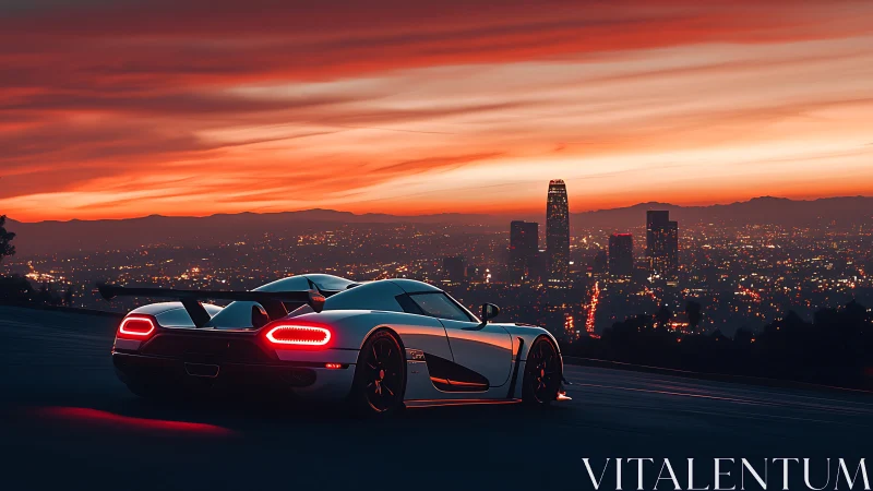 White supercar overlooks illuminated city skyline at sunset