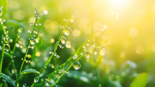 Morning dew drops on fresh grass in glowing sunlight.