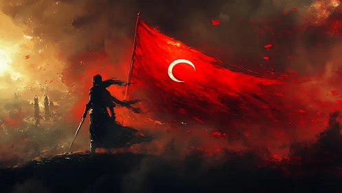Silhouetted warrior holding red crescent flag in smoky landscape.
