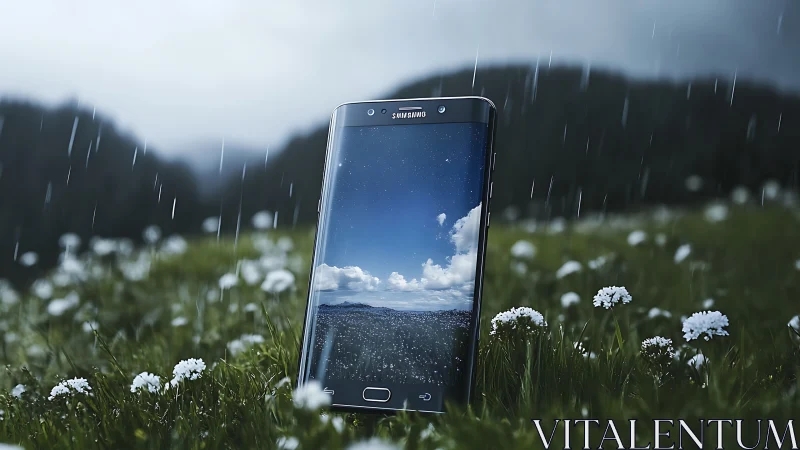 Curved smartphone reflects stormy meadow under falling rain.