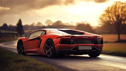 Sunlit red supercar on wet rural road at dusk.