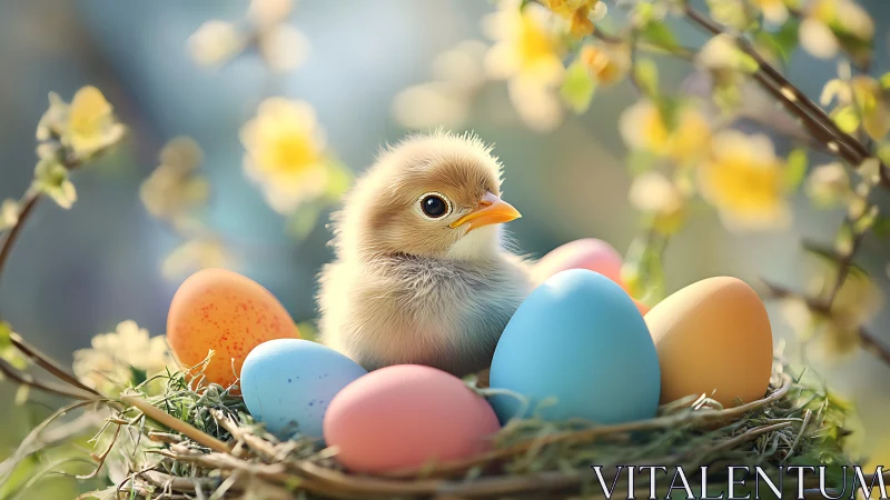 Fluffy spring hatchling guarding a rainbow of Easter eggs.