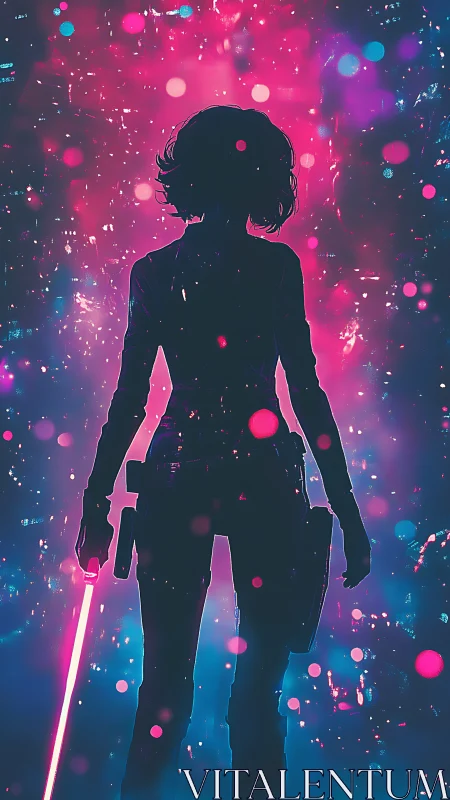 Silhouetted figure holds energy blade in neon particle field