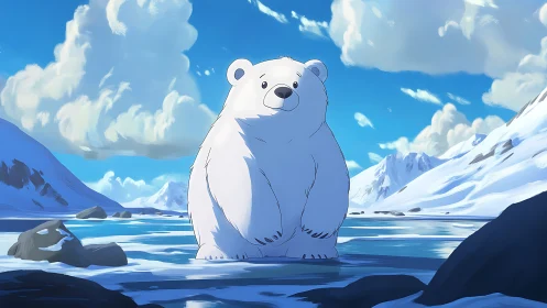 Cartoon polar bear stands on icy shoreline in Arctic scene