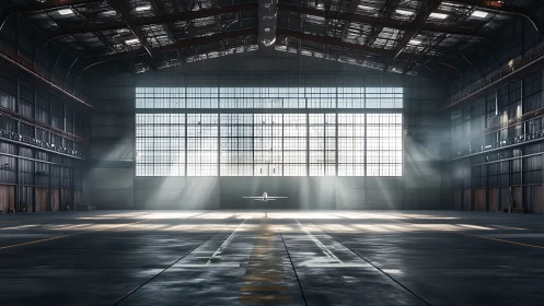 Quiet airplane rests in a sunlit industrial hangar.