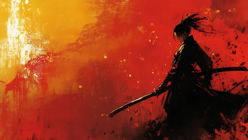 Silhouetted samurai warrior stands against abstract crimson blaze